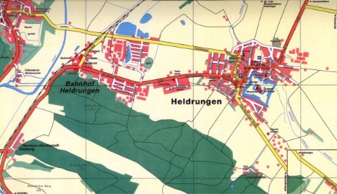 Das blaue Quadrat (südöstlich in Heldrungen) ist die Wasserburg